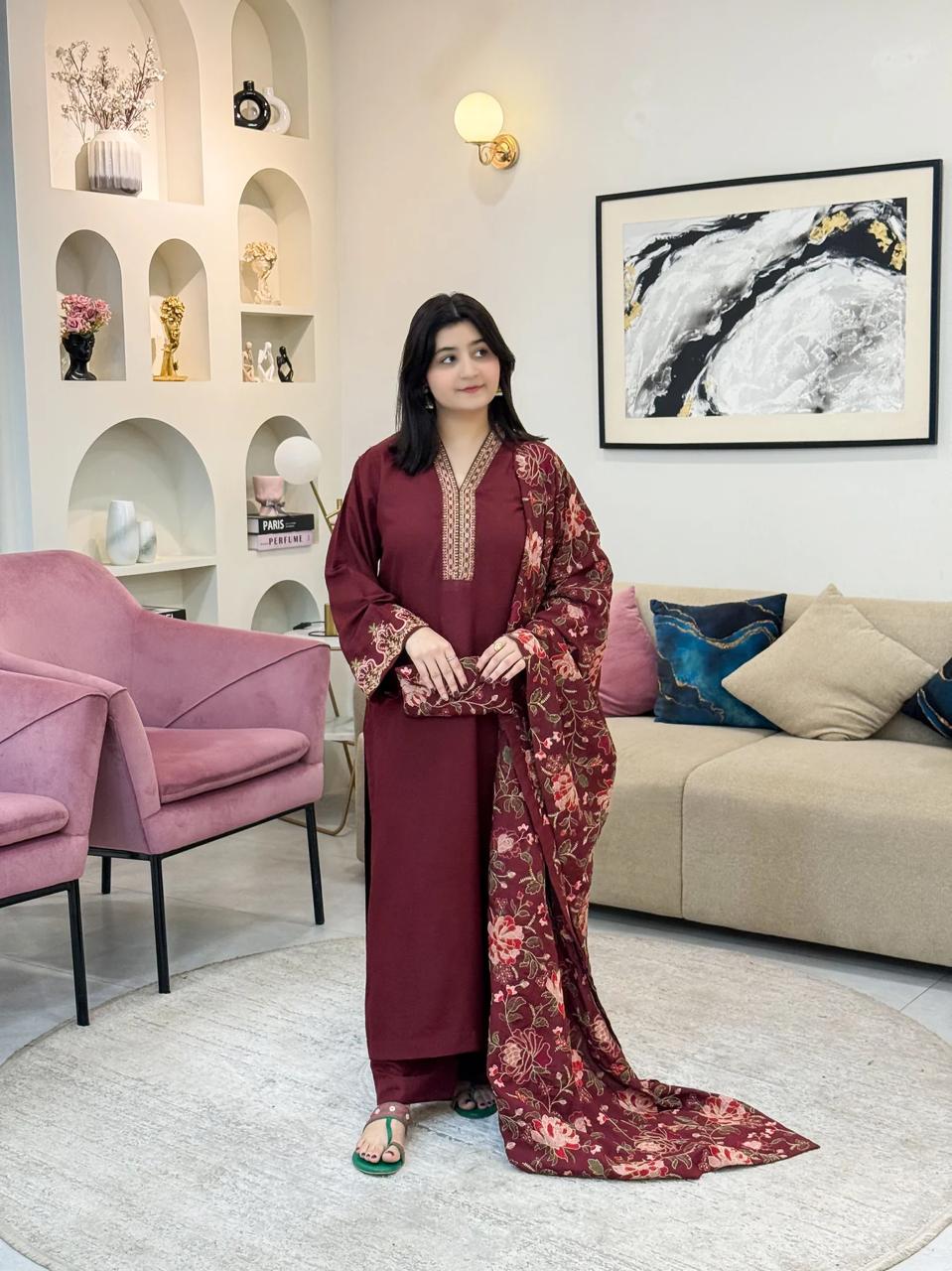 INAYA DHANK SHAWL-3PC(EMB)